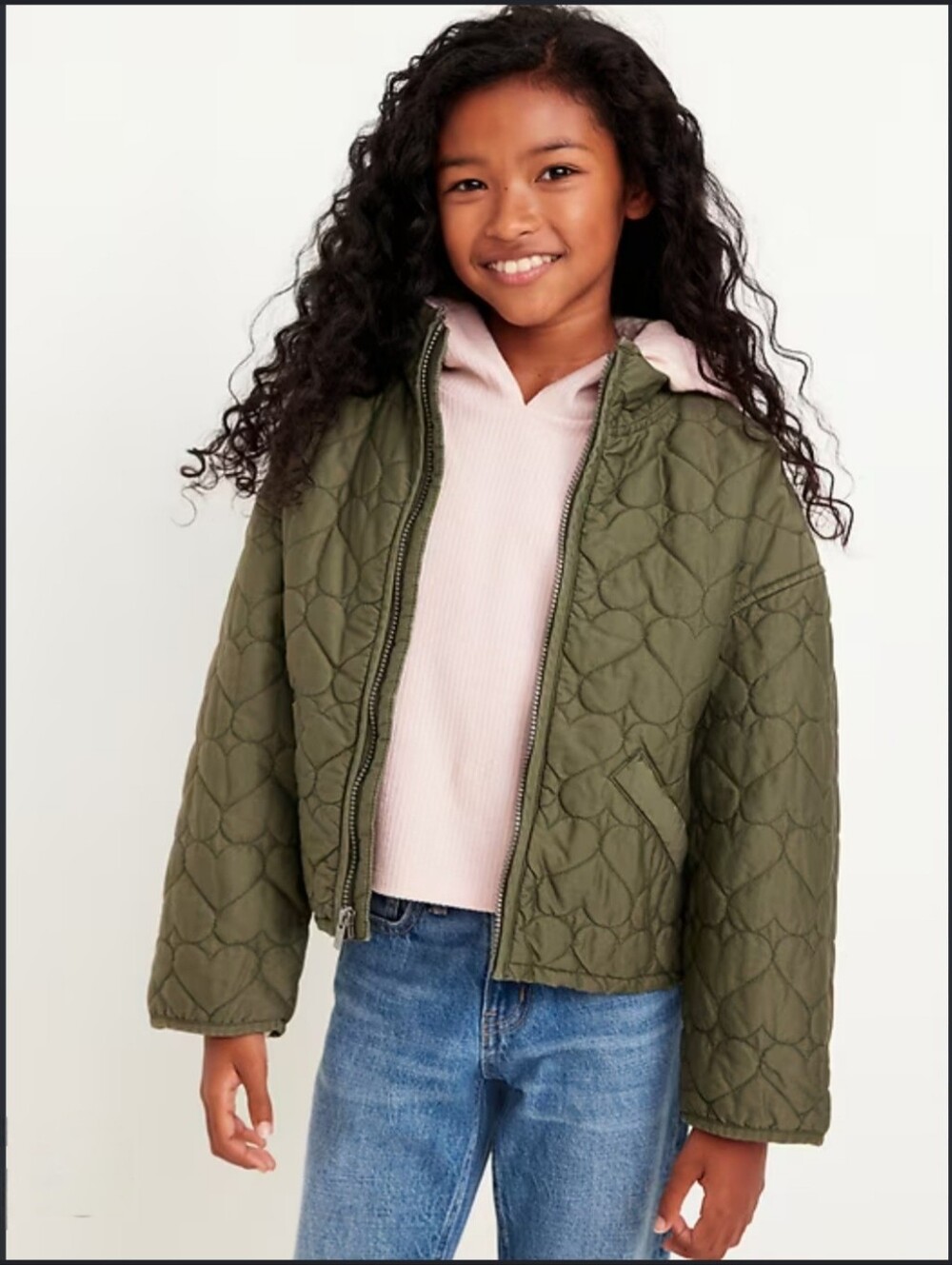 Old Navy Kids Olive Army Green Heart Quilted Gorpcore Jacket Girl Size XL 14-16